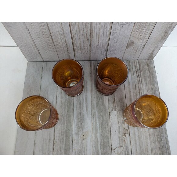 Vintage Dugan Lattice and Daisy Tumbler Marigold Carnival Glasses 4 1/4" Set 4 - Picture 5 of 8